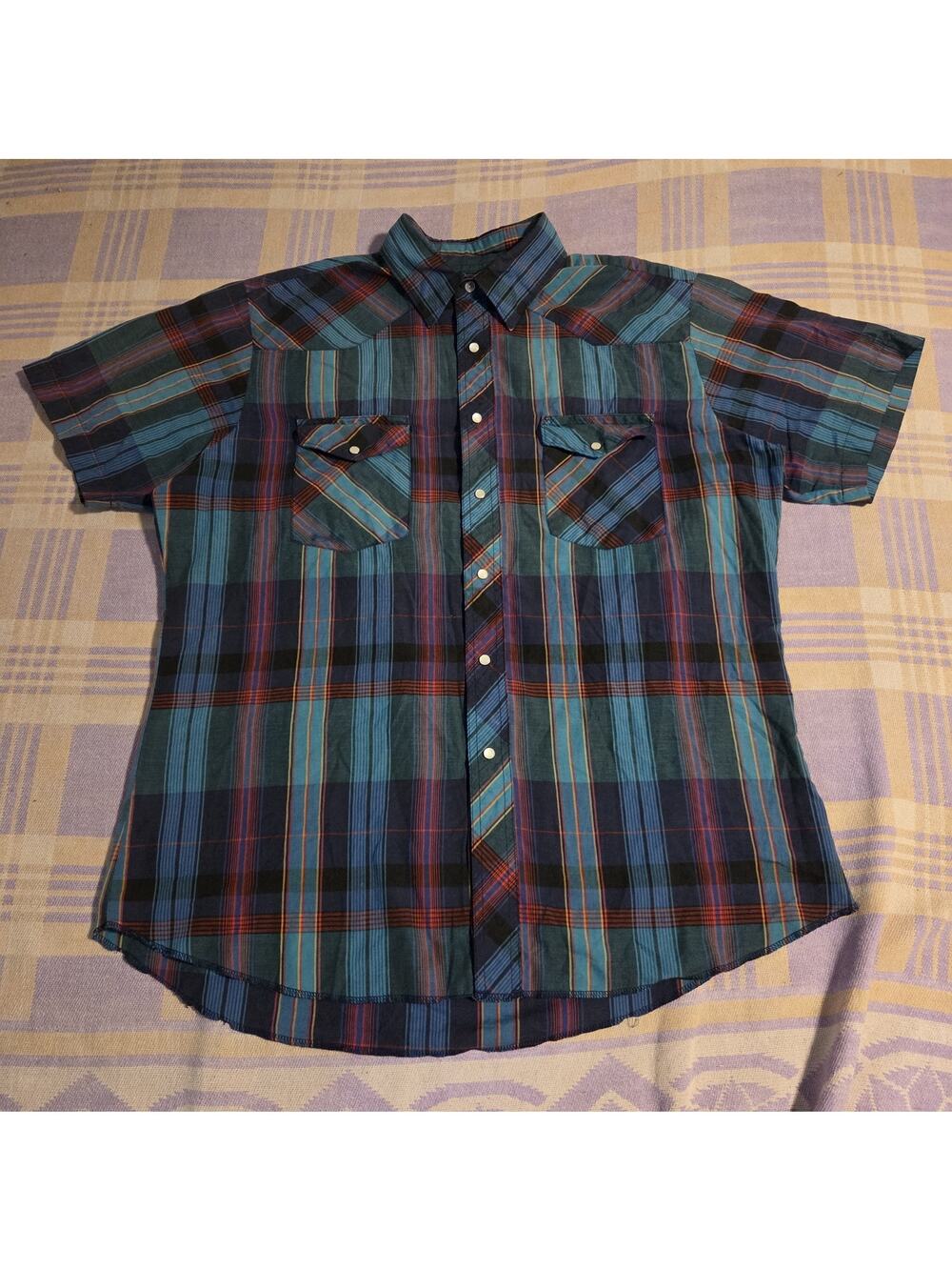 Vtg Wrangler Pearl Snap Shirt Cowboy Western Plaid Brushpopper 90s Short Sleeve